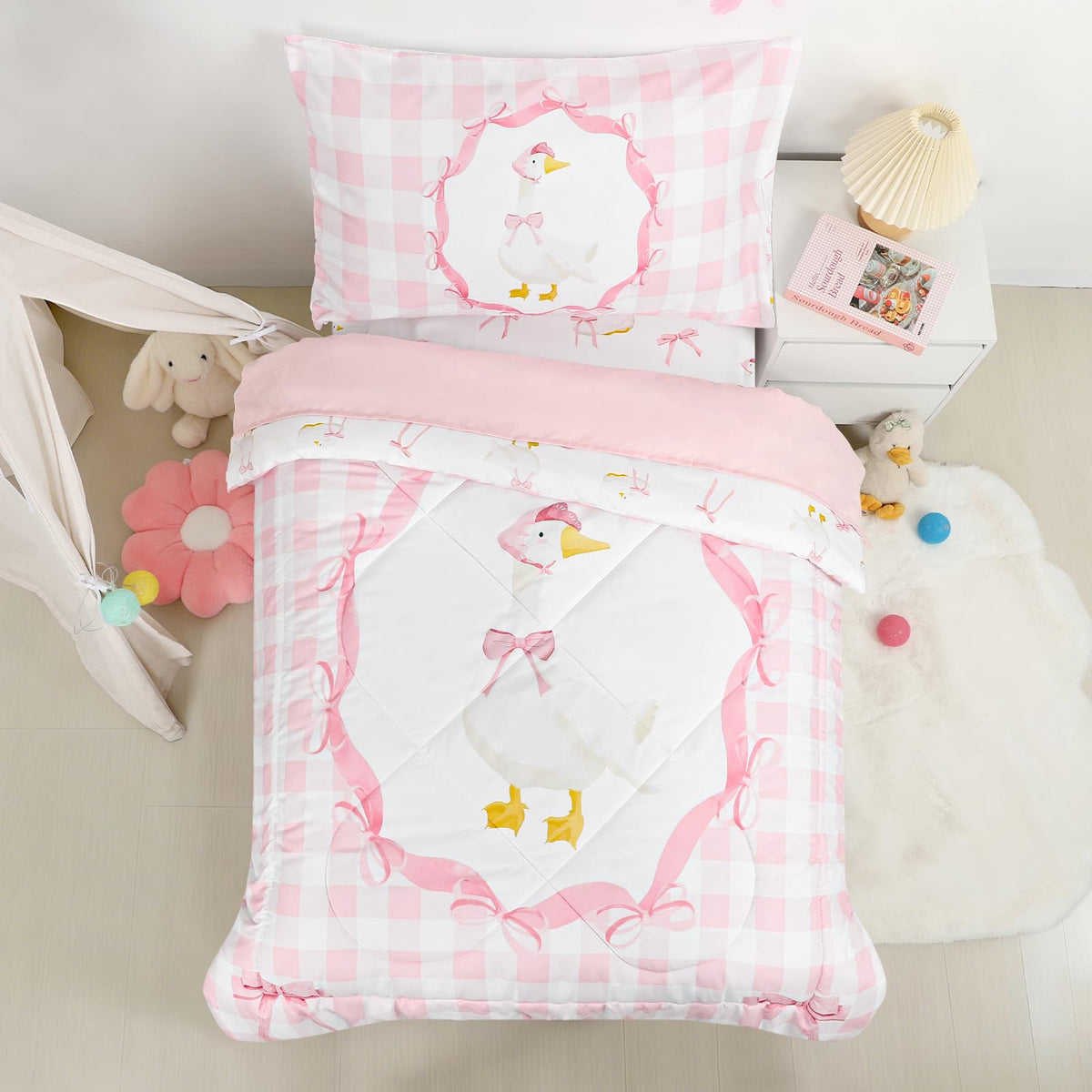 Toddler Bedding Set for Girls 4 Piece Pink Rainbow Toddler Girl Bedding Set Super Soft & Lightweight Toddler Comforter Set Includes Comforter, Flat Sheet, Fitted Sheet, Pillowcase