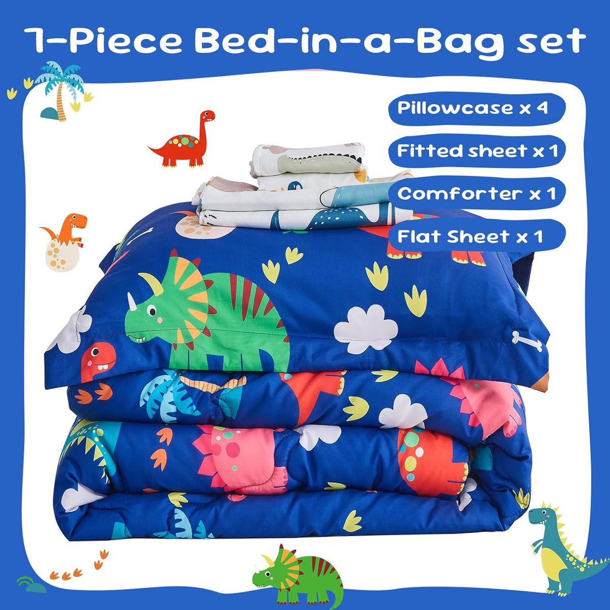 Wajade 7 Piece Kid Boys Dinosaur Comforter Set Twin Size 3D Blue Dinosaur Wild Park Jungle Print Bedding Set with Comforter, Sheet Set, Pillowcase and Sham