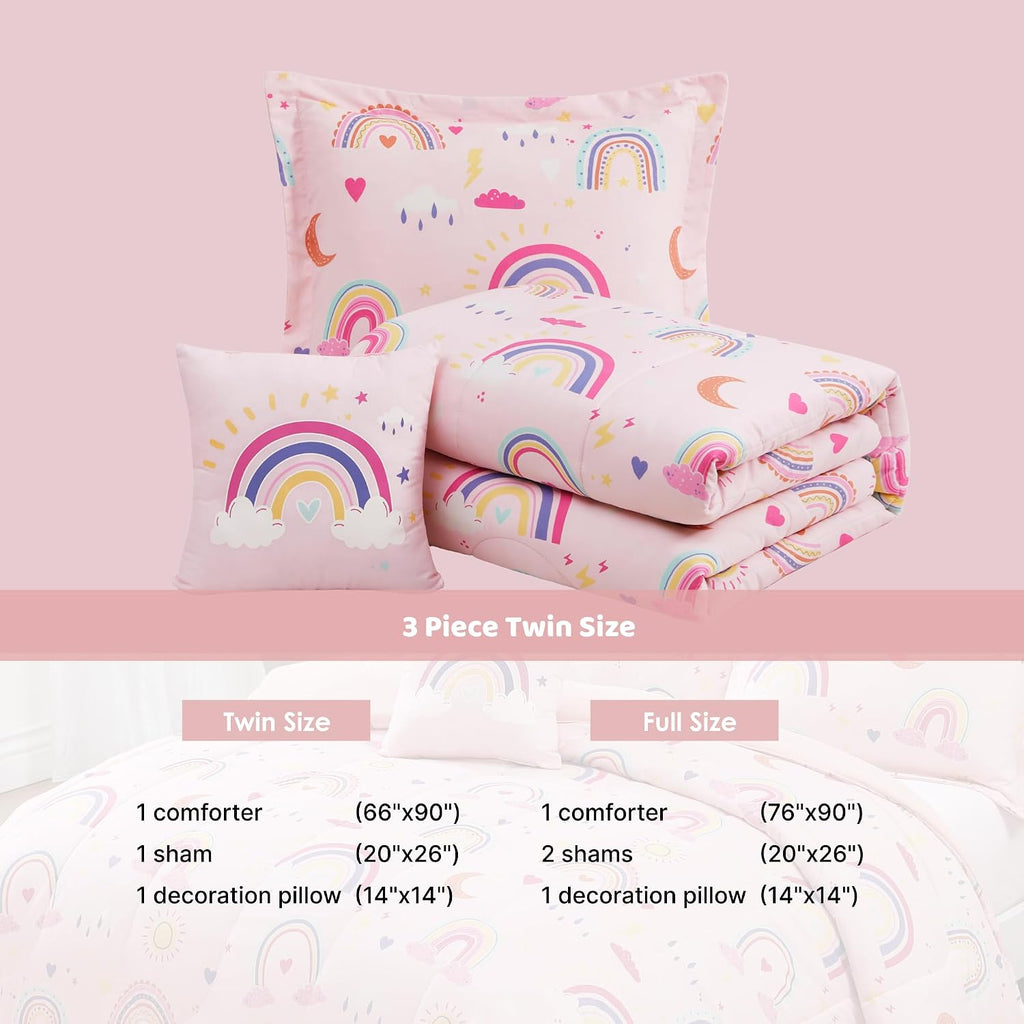 Twin Comforter Set for Girls - 3 Pieces Pink Rainbow Twin Bedding Sets