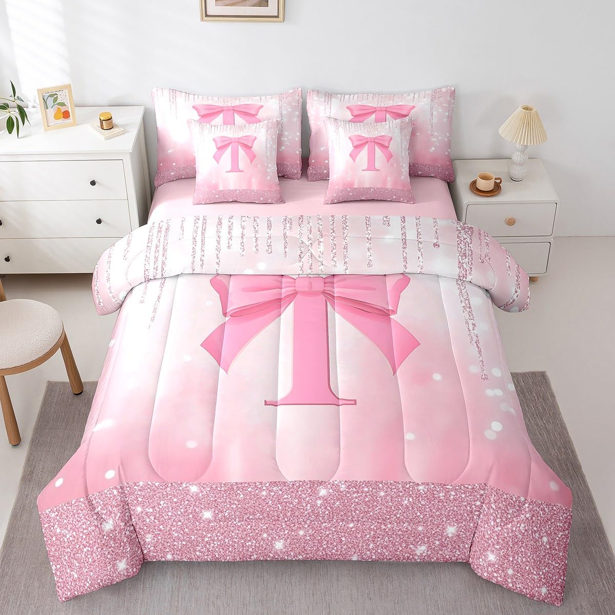 Feelyou Kids Pink Bowknot Bed in A Bag Twin Size, Personalized Initial A Comforter Set with Sheets Princess Glitter 7 Pieces Bedding Set Boys Girls Bow Alphabet Teens Bed Set Bedroom Decor 7Pcs