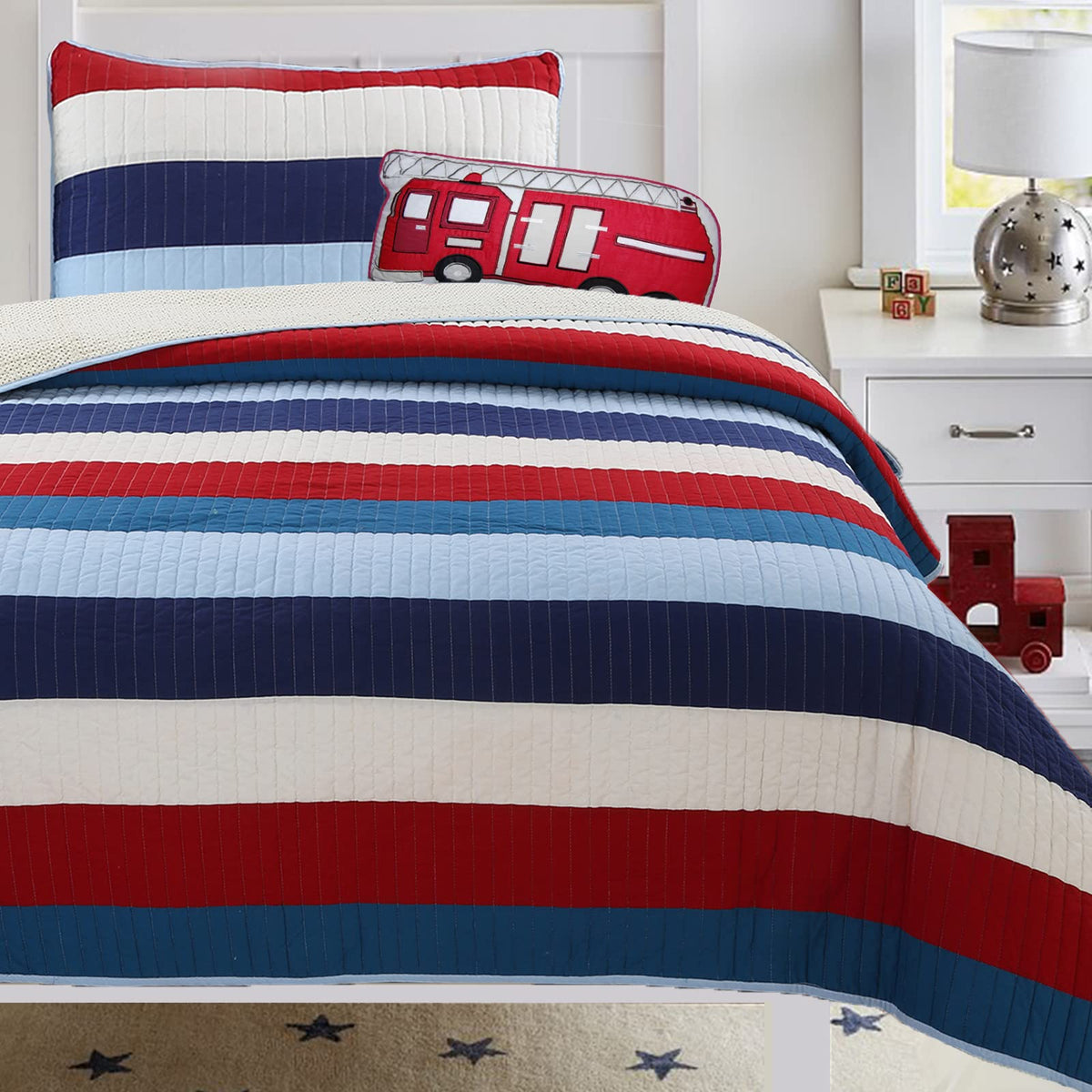Cozy Line Home Fashions Benjamin Cute Dinosaur Plaid Navy Blue White Grey Bedding Quilt Set 100% Cotton Reversible Coverlet Bedspread Set for Kids Boy(Twin - 2 piece)