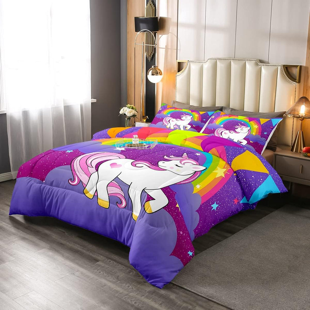 Erosebridal Girls Unicorn Comforter Set Twin Girls Bedding Set Cute Rainbow Unicorn Print Down Comforter Kids Cartoon Kawaii Duvet Insert Galaxy Stars Fantasy Room Decor Children Reversible Purple