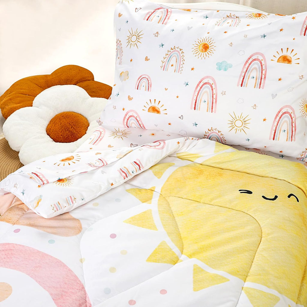 Toddler Bedding Set for Girls 4 Piece Pink Rainbow Toddler Girl Bedding Set Super Soft & Lightweight Toddler Comforter Set Includes Comforter, Flat Sheet, Fitted Sheet, Pillowcase