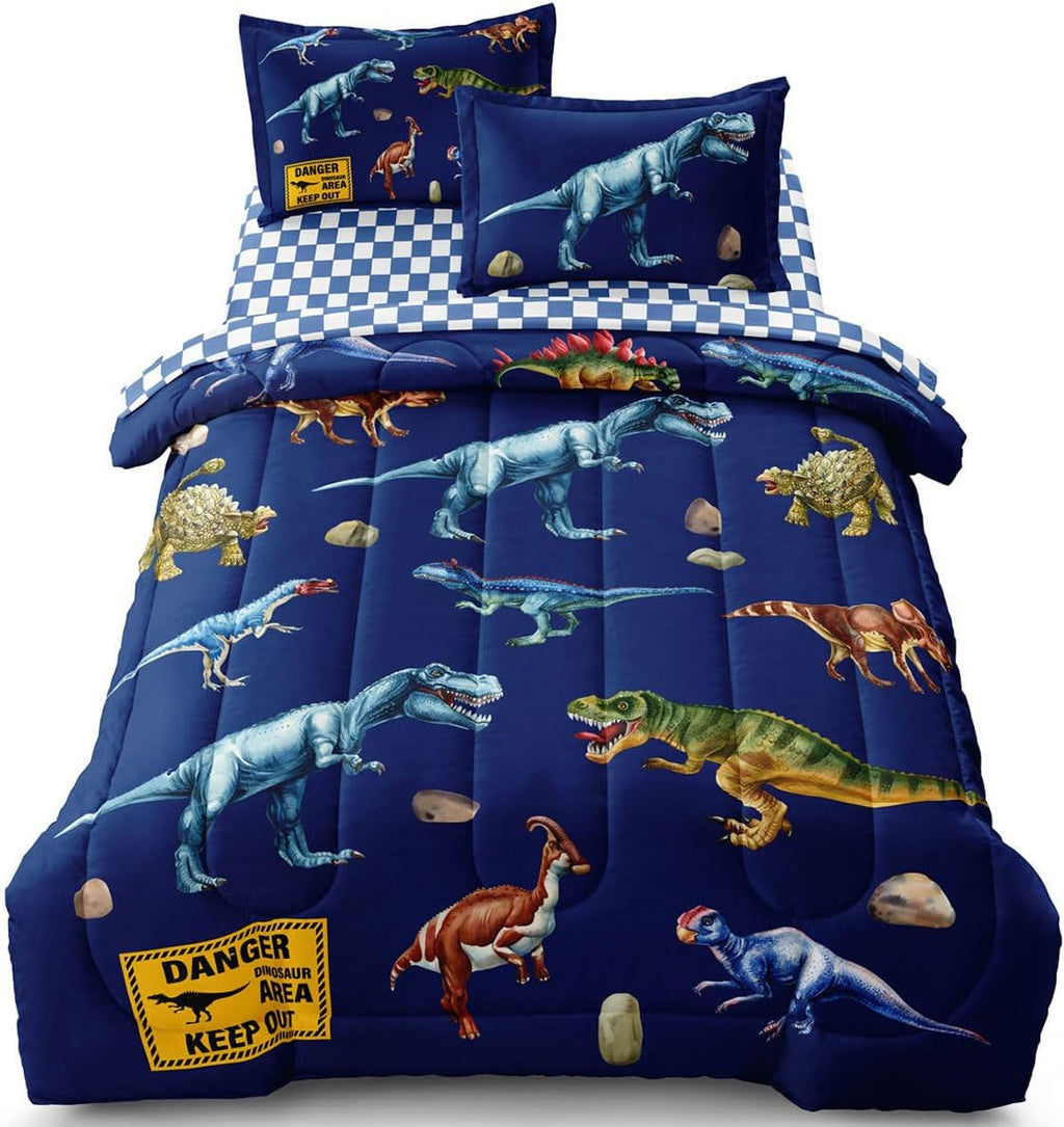 Kid Twin Quilts Comforter Set Dinosaur Bedding Set for Boys, Blue