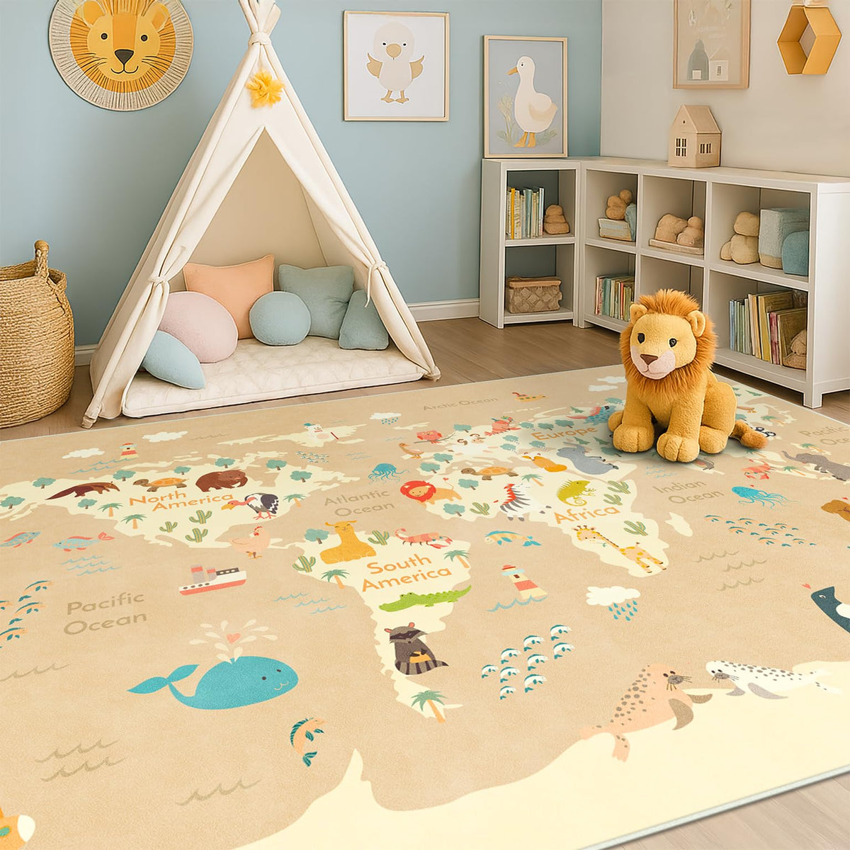 Hazo Haus Washable Kids Playroom Rug – 5x7 Play Rug for Preschool Toddlers, Girls, Educational with Cute Animals – Non-Slip, Stain Resistant, Soft & Safe for Bedroom, Play Room and Classroom - Blue
