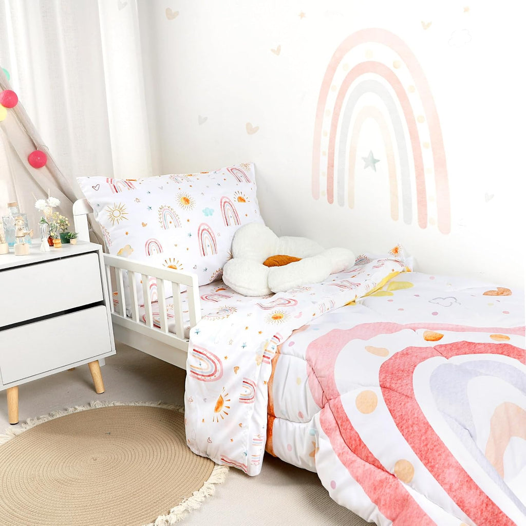 Toddler Bedding Set for Girls 4 Piece Pink Rainbow Toddler Girl Bedding Set Super Soft & Lightweight Toddler Comforter Set Includes Comforter, Flat Sheet, Fitted Sheet, Pillowcase