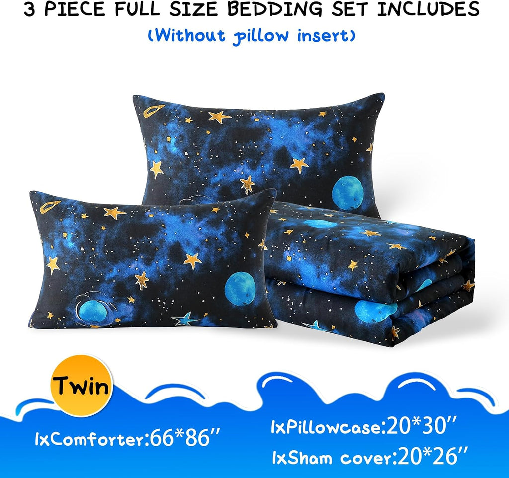 Glow in The Dark Kids Comforter Set, 3 Pieces Blue Space Bedding Set Twin Size for Boys Girls Teen, 1 Comforter, 1 Pillowcase, 1 Pillow Sham