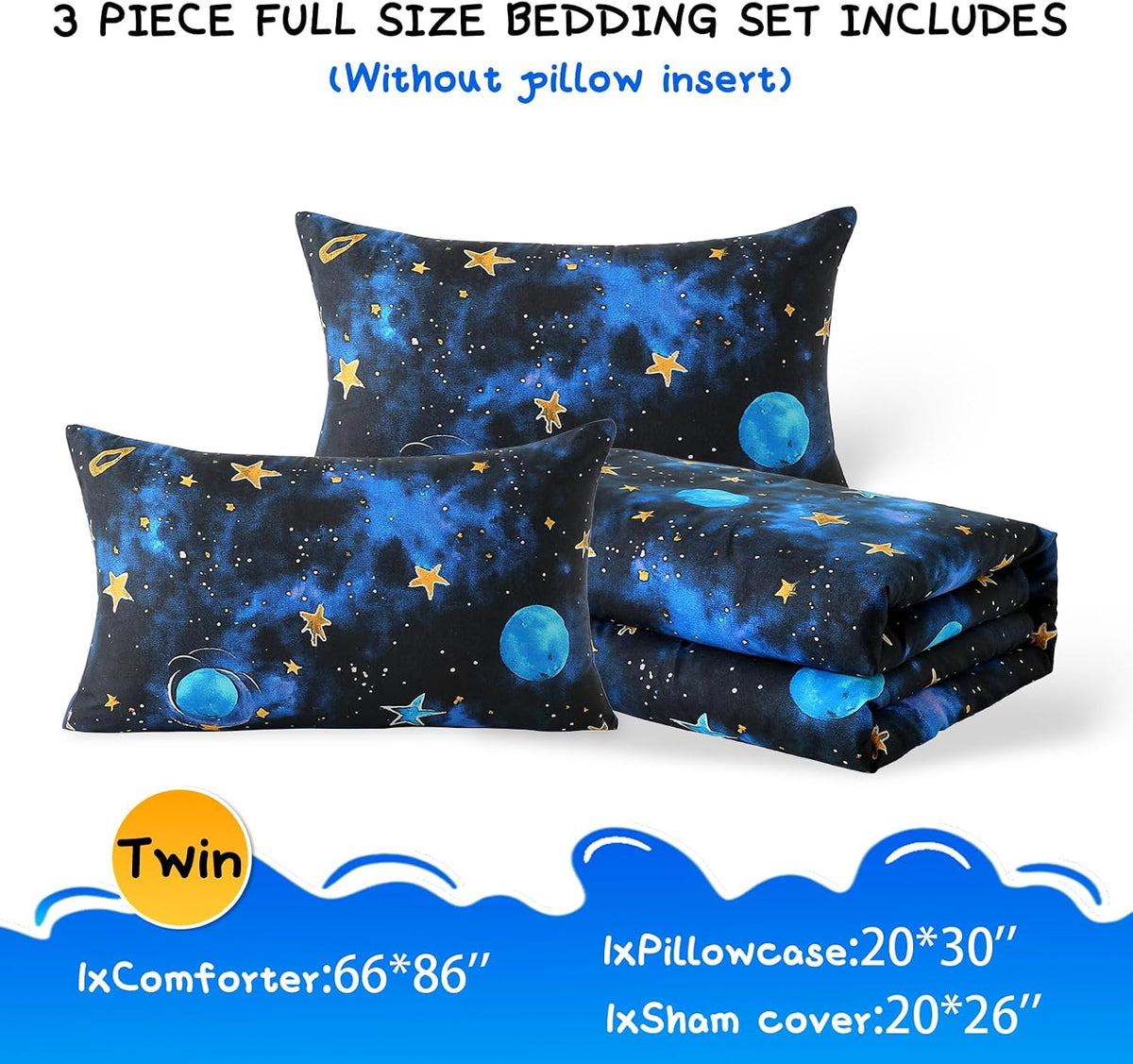 Glow in The Dark Kids Comforter Set, 3 Pieces Blue Space Bedding Set Twin Size for Boys Girls Teen, 1 Comforter, 1 Pillowcase, 1 Pillow Sham