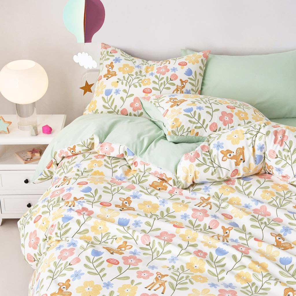 Wake In Cloud - Floral Bedding Set for Girls, Cute Colorful Botanical Flowers Deers Patterned Soft Lightweight Comforter Set with Sheets, 5 Pieces Kids Bed in a Bag, Green Cream, Twin Size