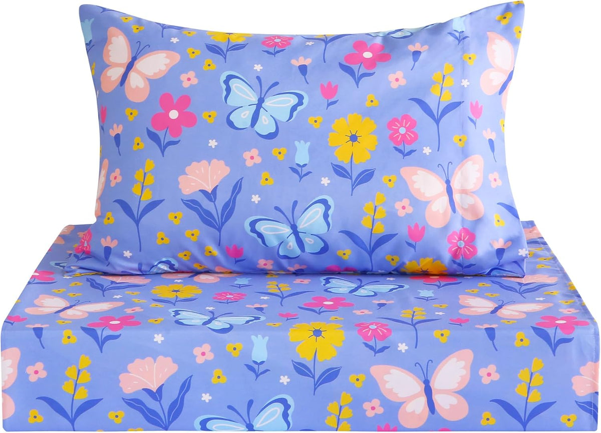 Softan Kids Twin Sheets Set, 3 Piece Butterfly Floral Bedding Set for Girls, Soft Breathable Microfiber with 15" Deep Pocket, Fitted Flat Sheet & Pillowcase
