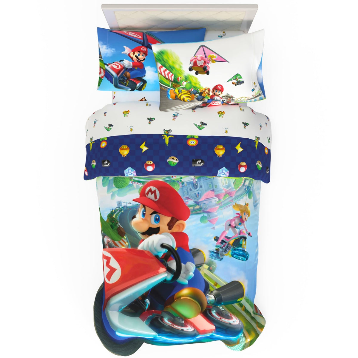 Super Mario Kids Twin Size Bedding, 4 Piece Super Soft Cozy Reversible Comforter and Sheet Set, (Officially Licensed Product) By Franco