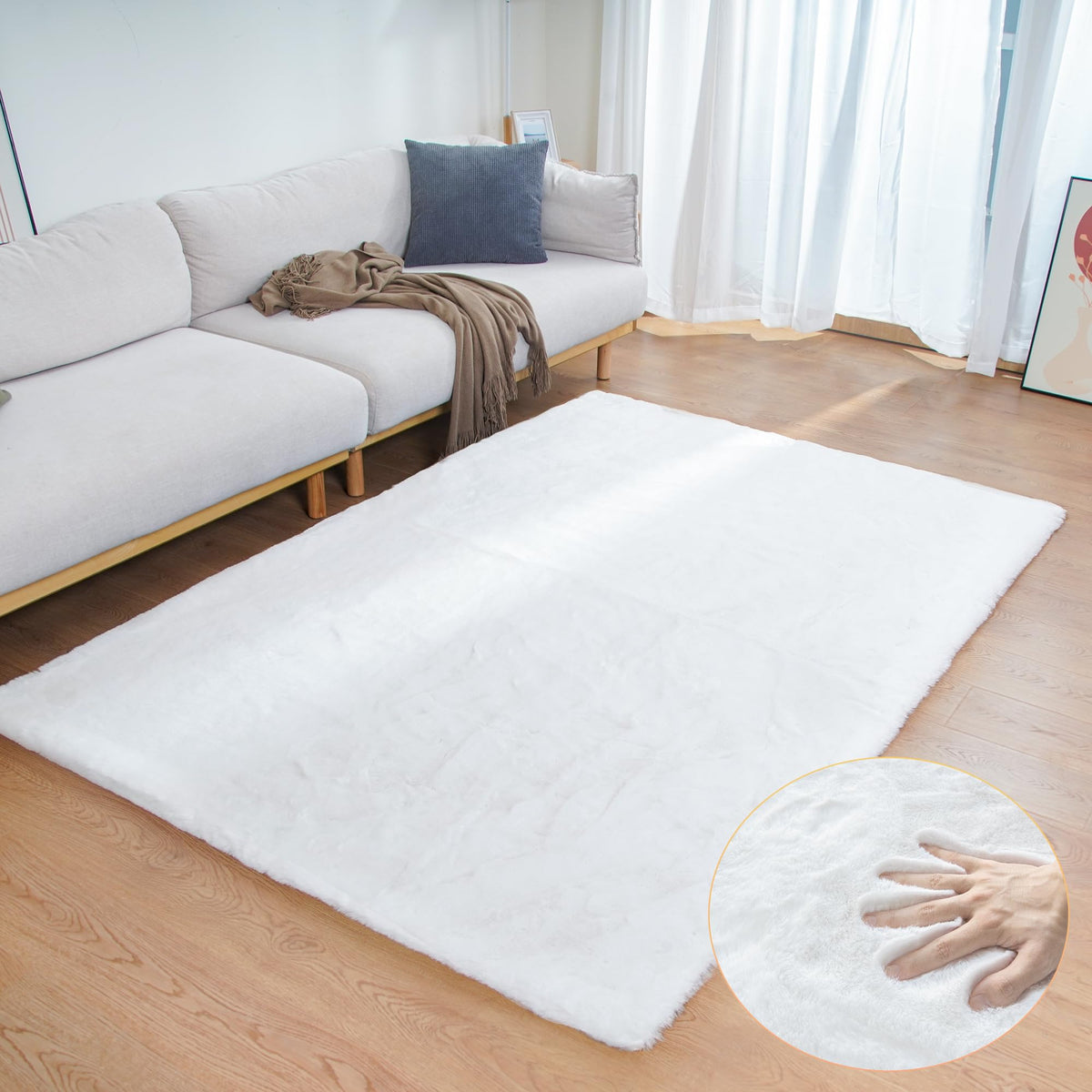 ORINOVA Beige Faux Sheepskin Rabbit Fur Shaggy Rugs for Bedroom Small Shag Washable Fluffy Fur Rug for Living Room Rug 2x3 Nursery Rectange Rugs