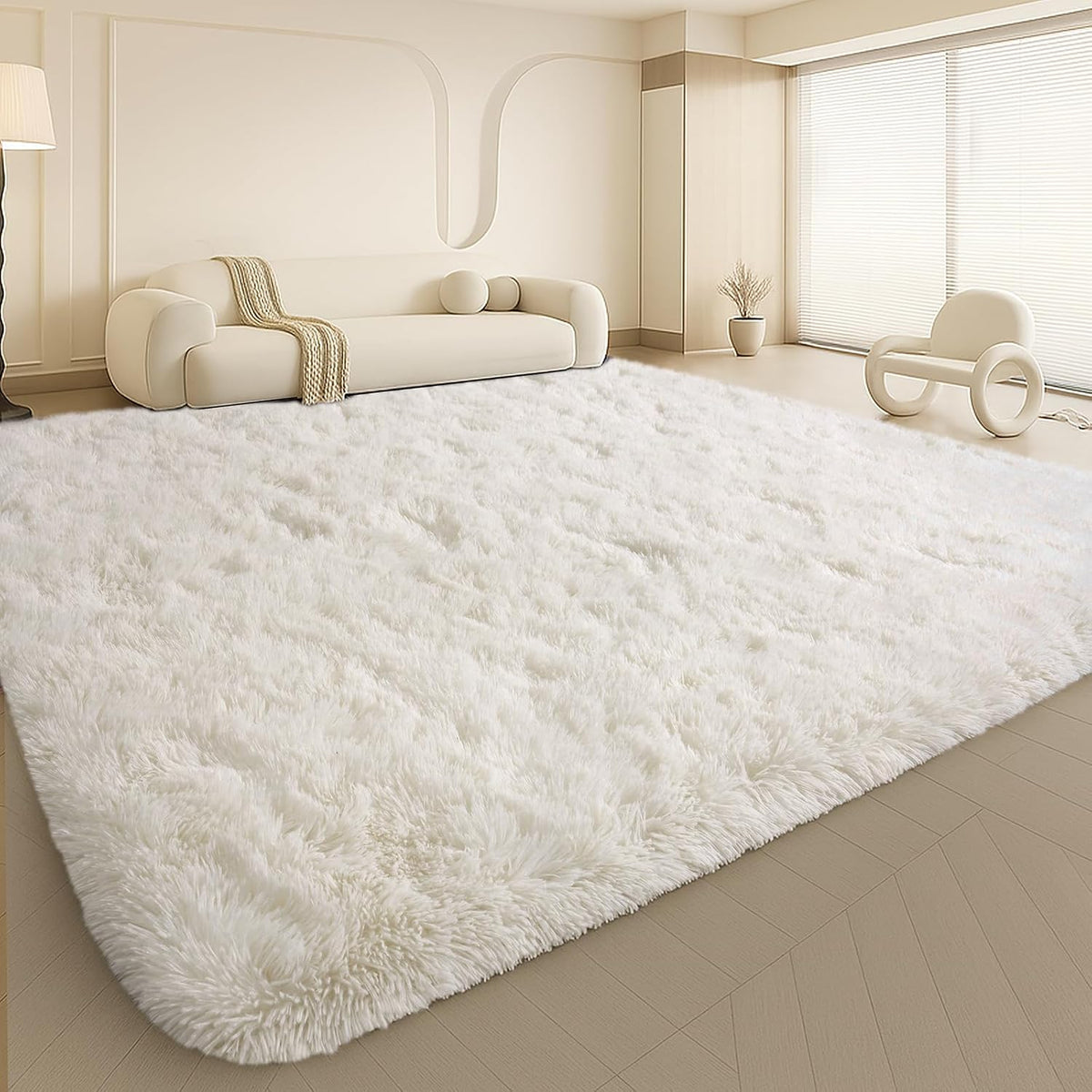 8x10 Cream Fluffy Shag Area Rug, Non-Slip Soft Carpet for Home