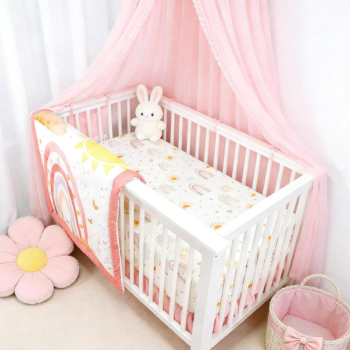 CARULLI Crib Bedding Set for Girls, 4-Piece Pink Rainbow Baby Crib Bedding Set, Soft & Cozy Crib Sets Includes Comforter, Fitted Crib Sheet, Crib Skirt, and Diaper Stacker