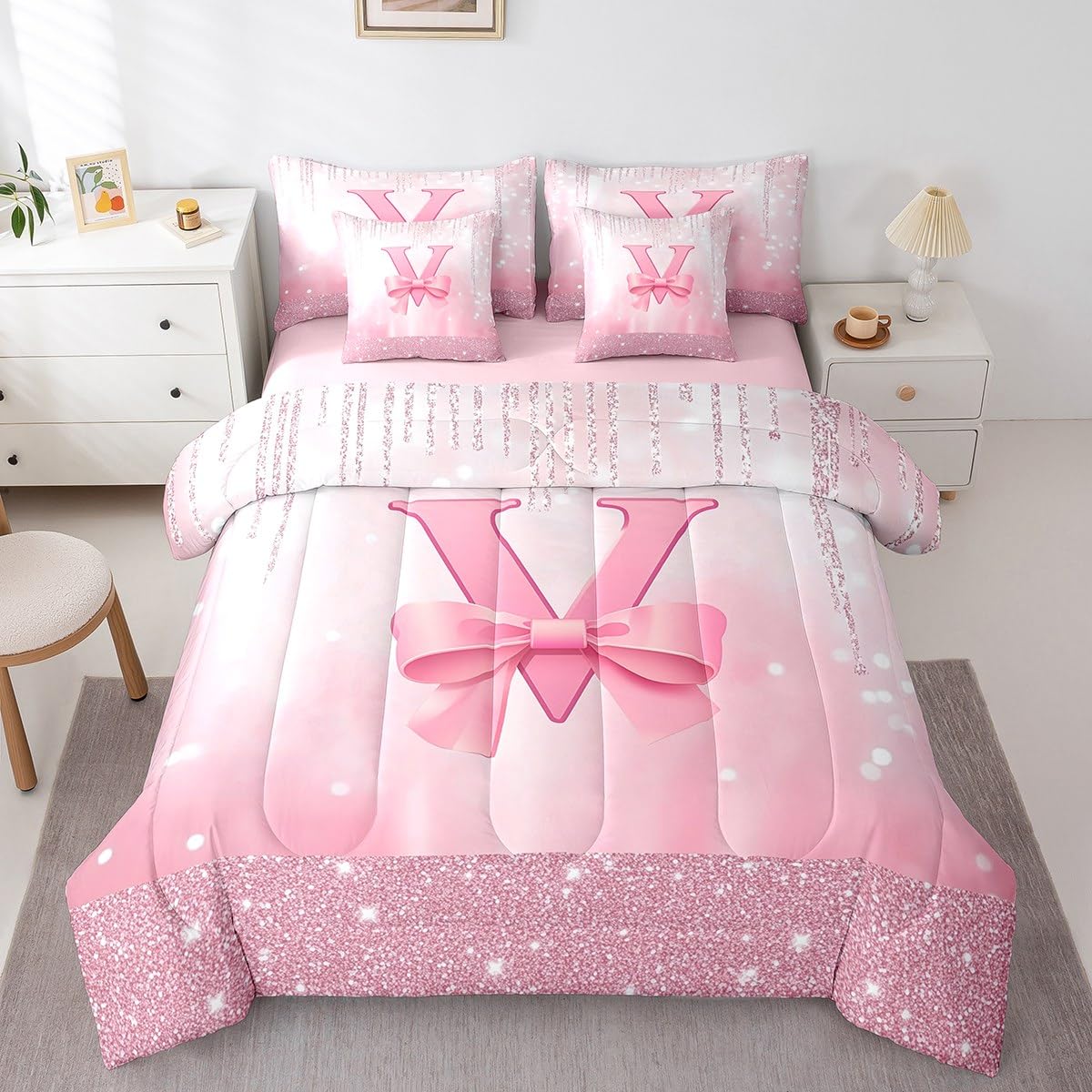 Feelyou Kids Pink Bowknot Bed in A Bag Twin Size, Personalized Initial A Comforter Set with Sheets Princess Glitter 7 Pieces Bedding Set Boys Girls Bow Alphabet Teens Bed Set Bedroom Decor 7Pcs
