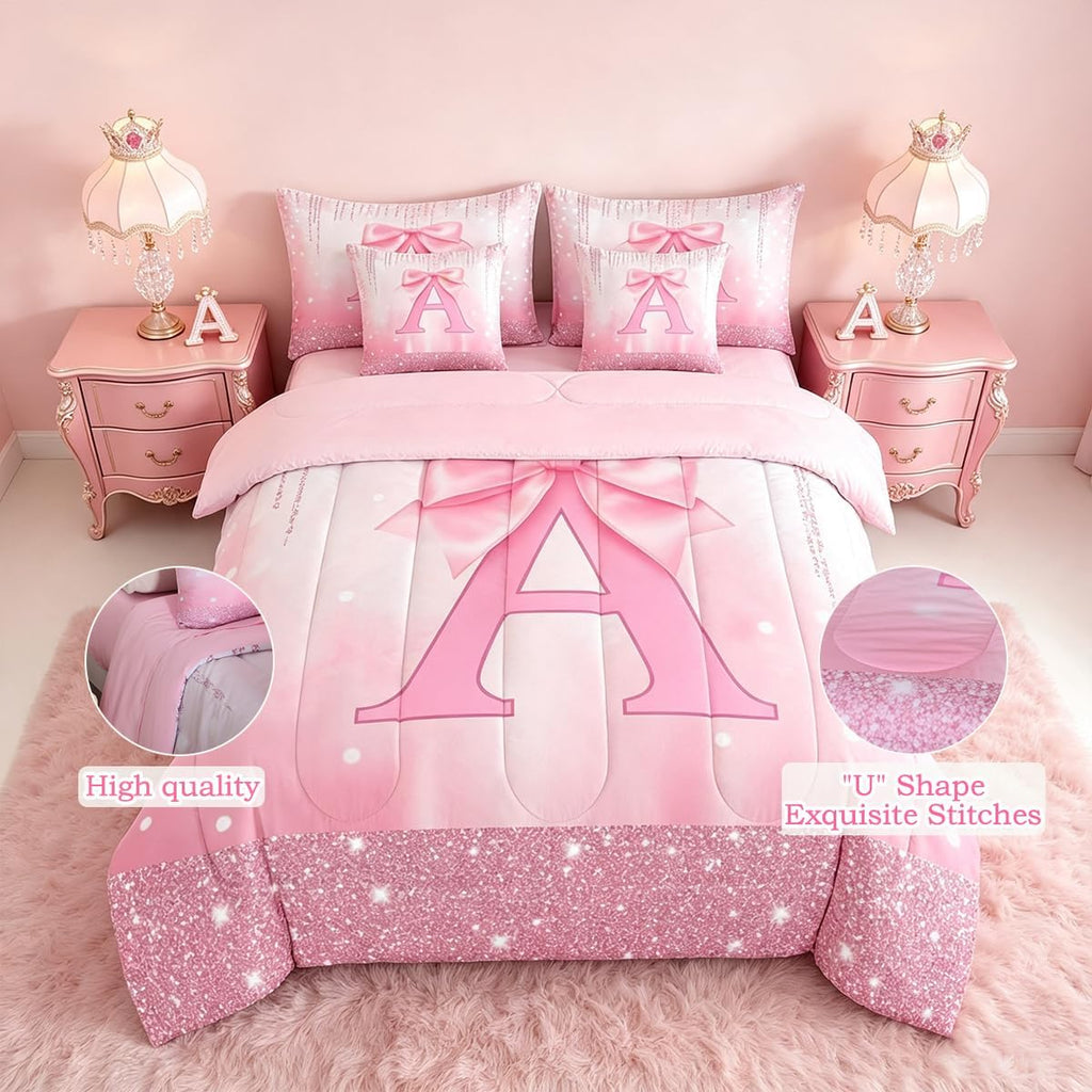 Feelyou Kids Pink Bowknot Bed in A Bag Twin Size, Personalized Initial A Comforter Set with Sheets Princess Glitter 7 Pieces Bedding Set Boys Girls Bow Alphabet Teens Bed Set Bedroom Decor 7Pcs