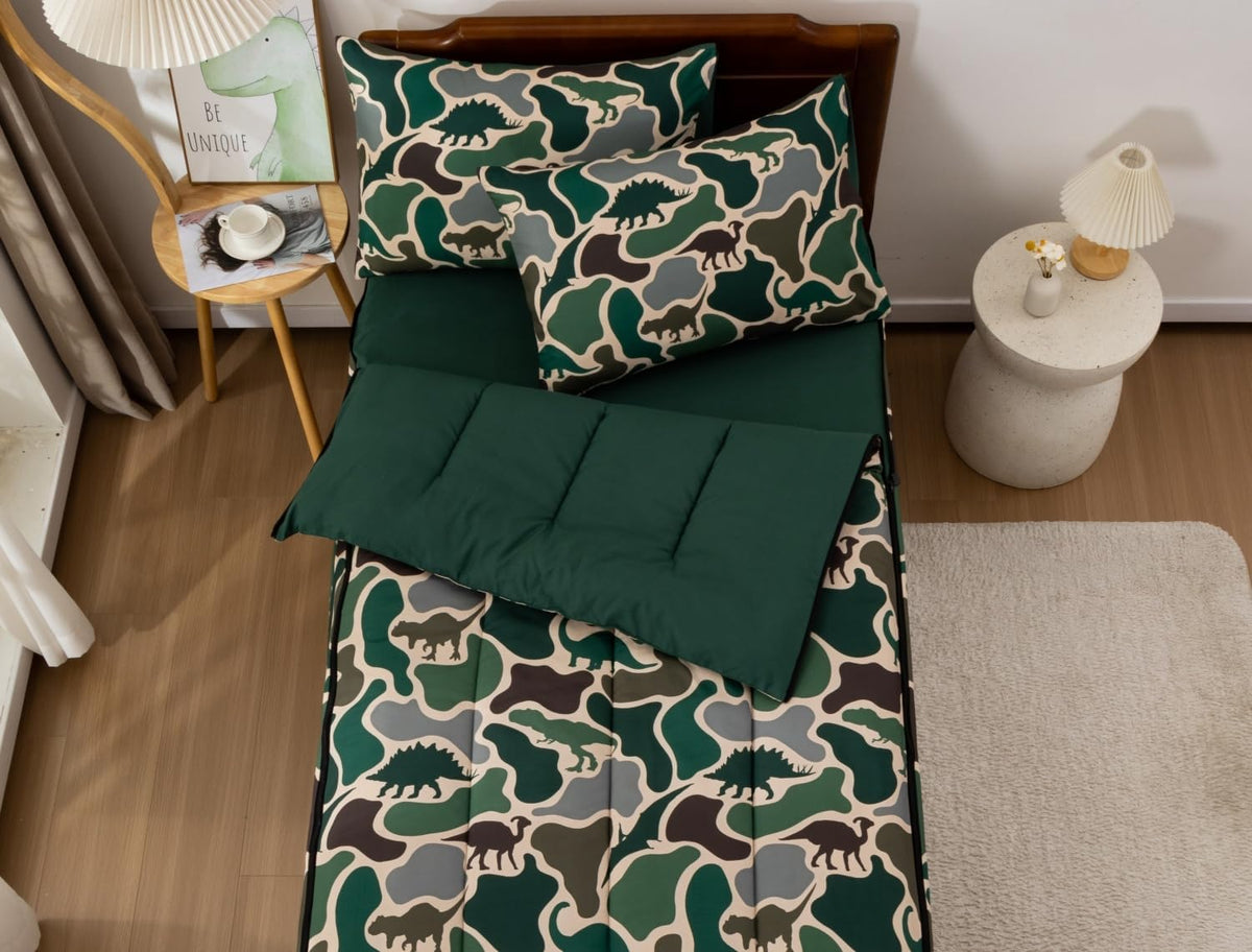 Meeting Story Zippable Bedding Twin,Dinosaur Camo Bedding Set Zip Up Comforter Bed in a Bag with Fitted Sheet and 2 Pcs Pillowcases(Green,Twin)