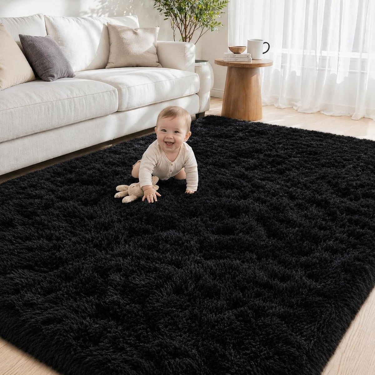 Tosuoka 4x6 Area Rugs for Bedroom, Soft Fluffy Shag Thick Black Rug