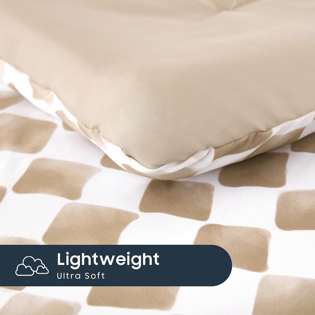 Wake In Cloud - Toddler Bedding Set for Boys Girls, Cute Gingham Grid Checkered, 4 Pieces Soft Crib Bed Set Including Comforter, Sheets and Pillowcase, Brown White