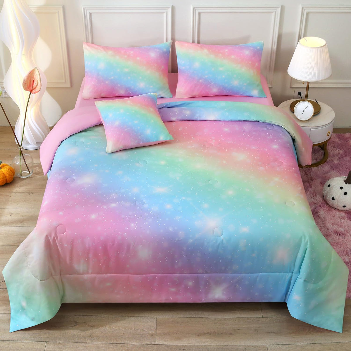 JQinHome Twin Pink Purple Comforter Set, 6 Piece Bed in A Bag 3D Colorful Bedding Set for Girls Kids (1 Comforter,2 Pillowcases,1 Flat Sheet,1 Fitted Sheet,1 Cushion Cover)(Pink Purple)