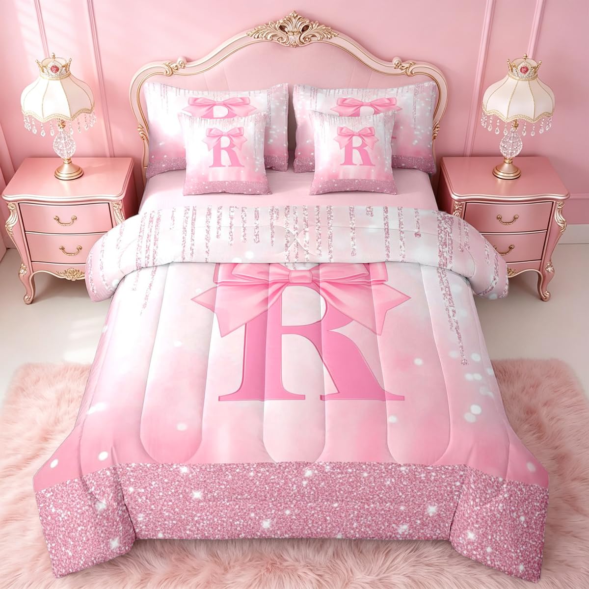 Feelyou Kids Pink Bowknot Bed in A Bag Twin Size, Personalized Initial A Comforter Set with Sheets Princess Glitter 7 Pieces Bedding Set Boys Girls Bow Alphabet Teens Bed Set Bedroom Decor 7Pcs