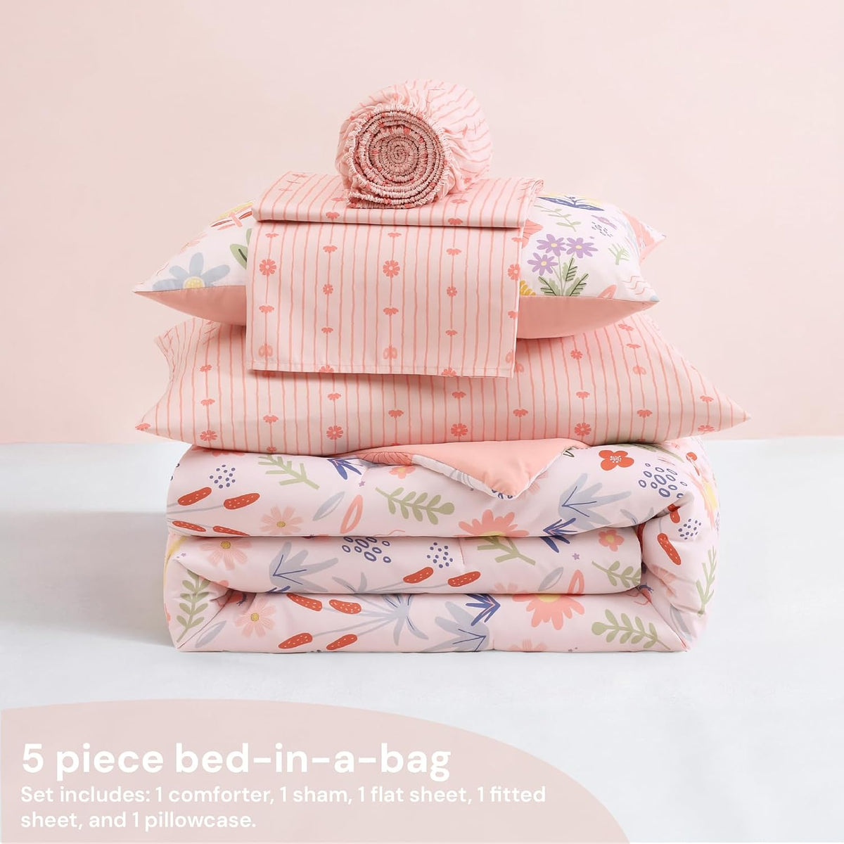 Twin XL Comforter Set for Girls - 5 Pieces Pink Floral Bed in a Bag