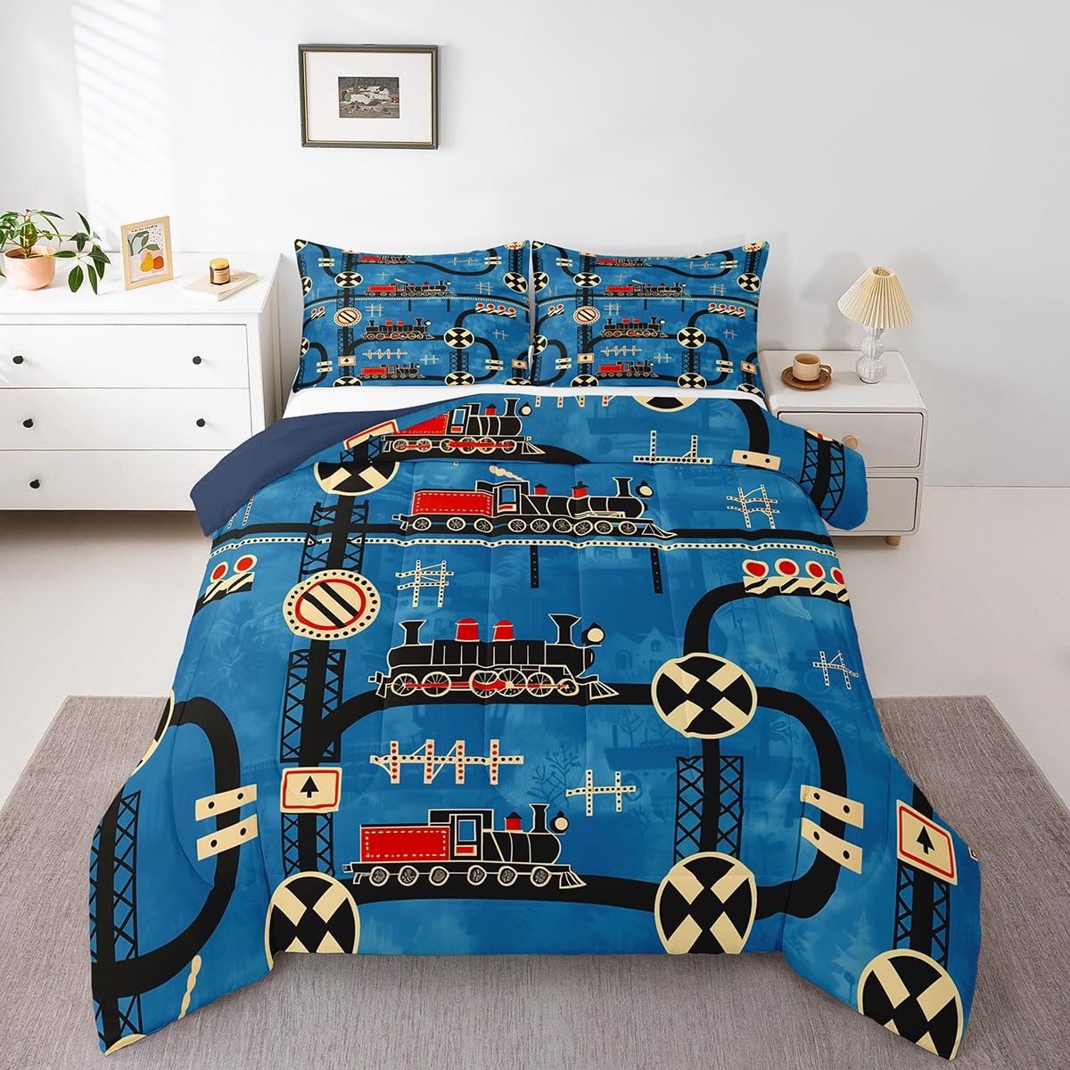 Erosebridal Cartoon Train Comforter Set Twin Kids Bedding for Boys Girls