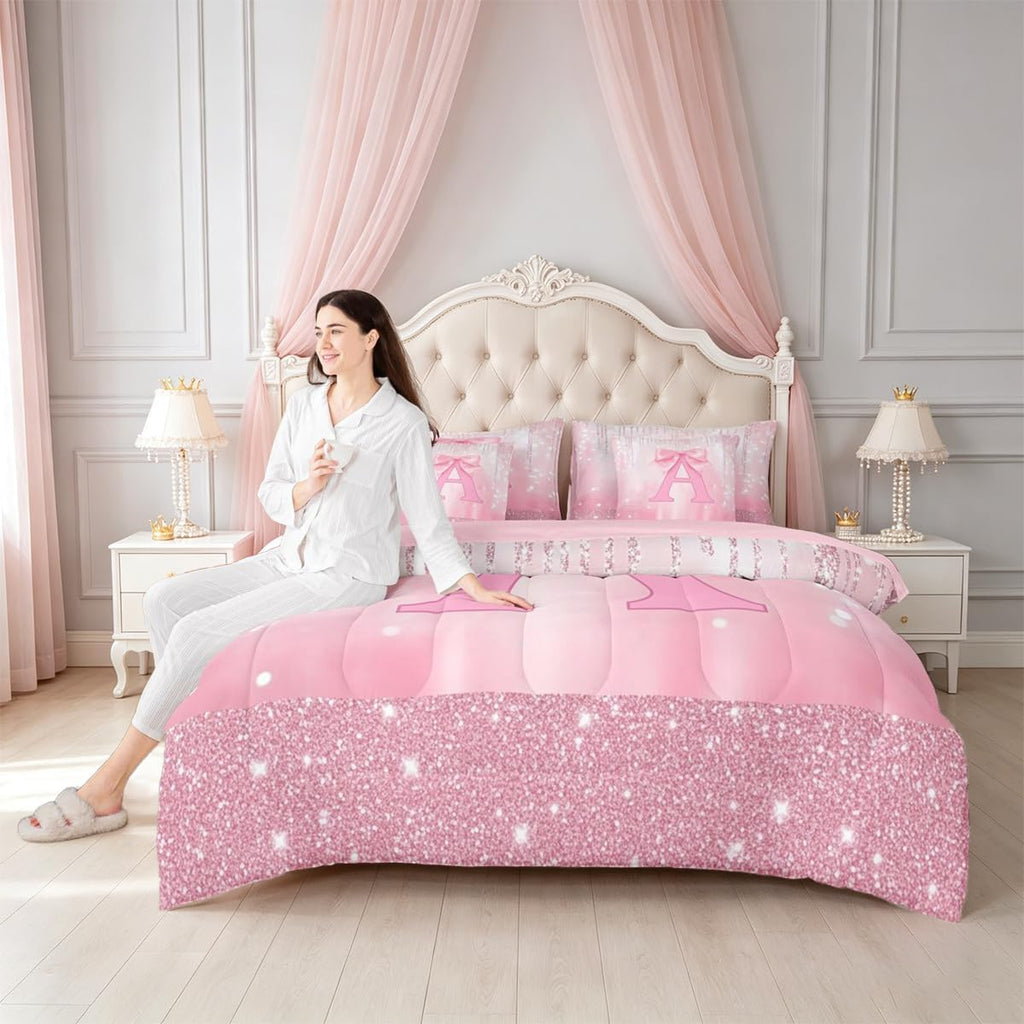 Feelyou Kids Pink Bowknot Bed in A Bag Twin Size, Personalized Initial A Comforter Set with Sheets Princess Glitter 7 Pieces Bedding Set Boys Girls Bow Alphabet Teens Bed Set Bedroom Decor 7Pcs
