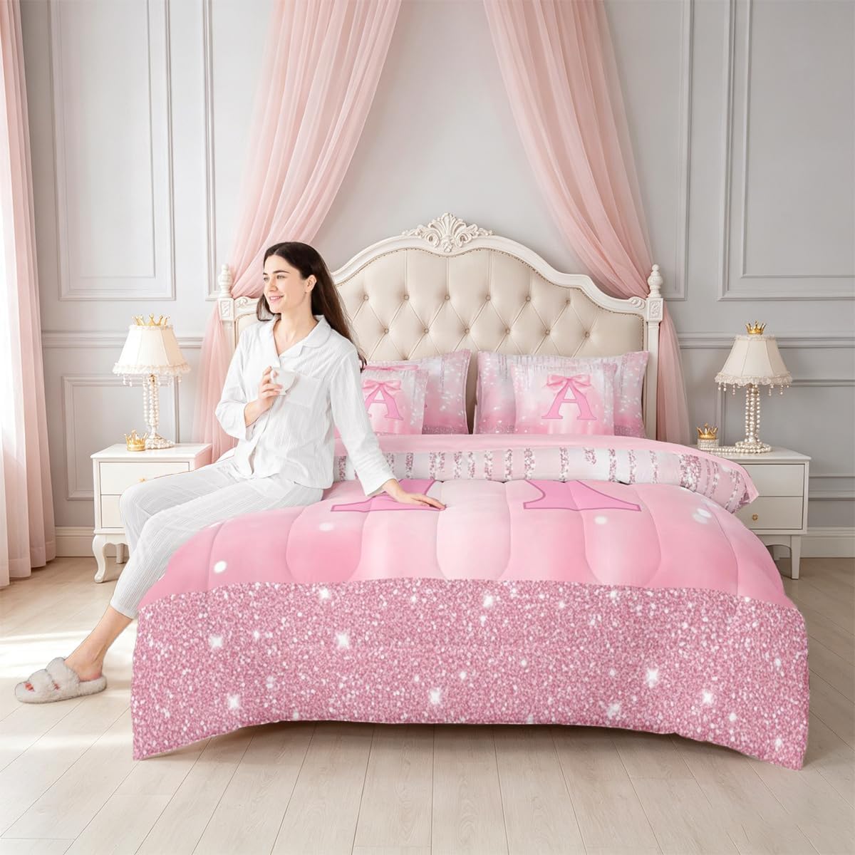 Feelyou Kids Pink Bowknot Bed in A Bag Twin Size, Personalized Initial A Comforter Set with Sheets Princess Glitter 7 Pieces Bedding Set Boys Girls Bow Alphabet Teens Bed Set Bedroom Decor 7Pcs