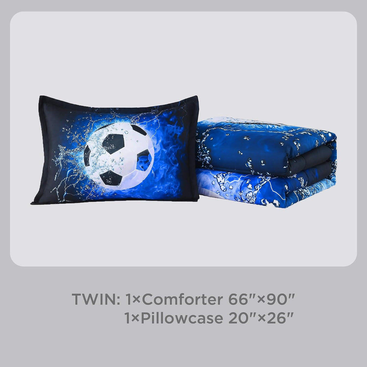 Andency Soccer Comforter Twin(66x90 Inch), 2 Pieces(1 Soccer Comforter, 1 Pillowcase) Blue Flame Soccer Comforter Set Sport Microfiber Bedding Set for Boy Girl Kids, Teen