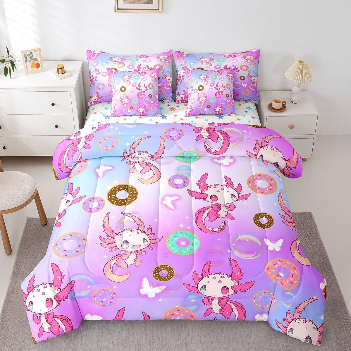Feelyou Kids Pink Bowknot Bed in A Bag Twin Size, Personalized Initial A Comforter Set with Sheets Princess Glitter 7 Pieces Bedding Set Boys Girls Bow Alphabet Teens Bed Set Bedroom Decor 7Pcs