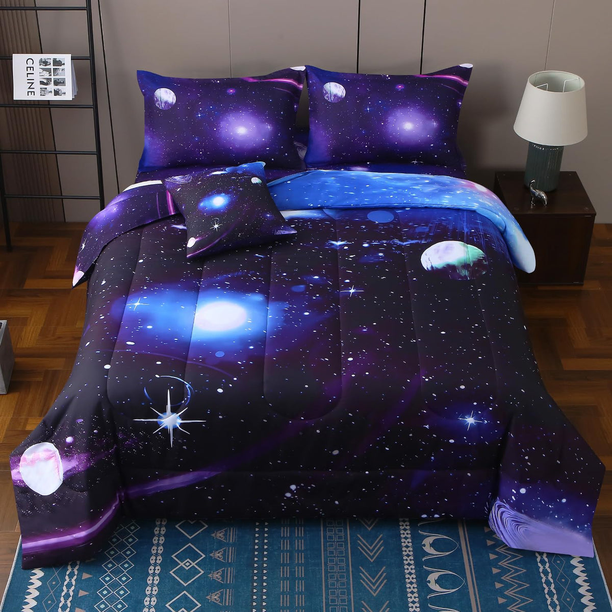 JQinHome Twin Galaxy Comforter Sets 6 Piece Bed in A Bag, Outer Space Themed Bedding for Children Boy Girl Teen Kids,1 Comforter, 1 Flat Sheet, 1 Fitted Sheet, 2 Pillowshams, 1 Cushion Cover(Blue)