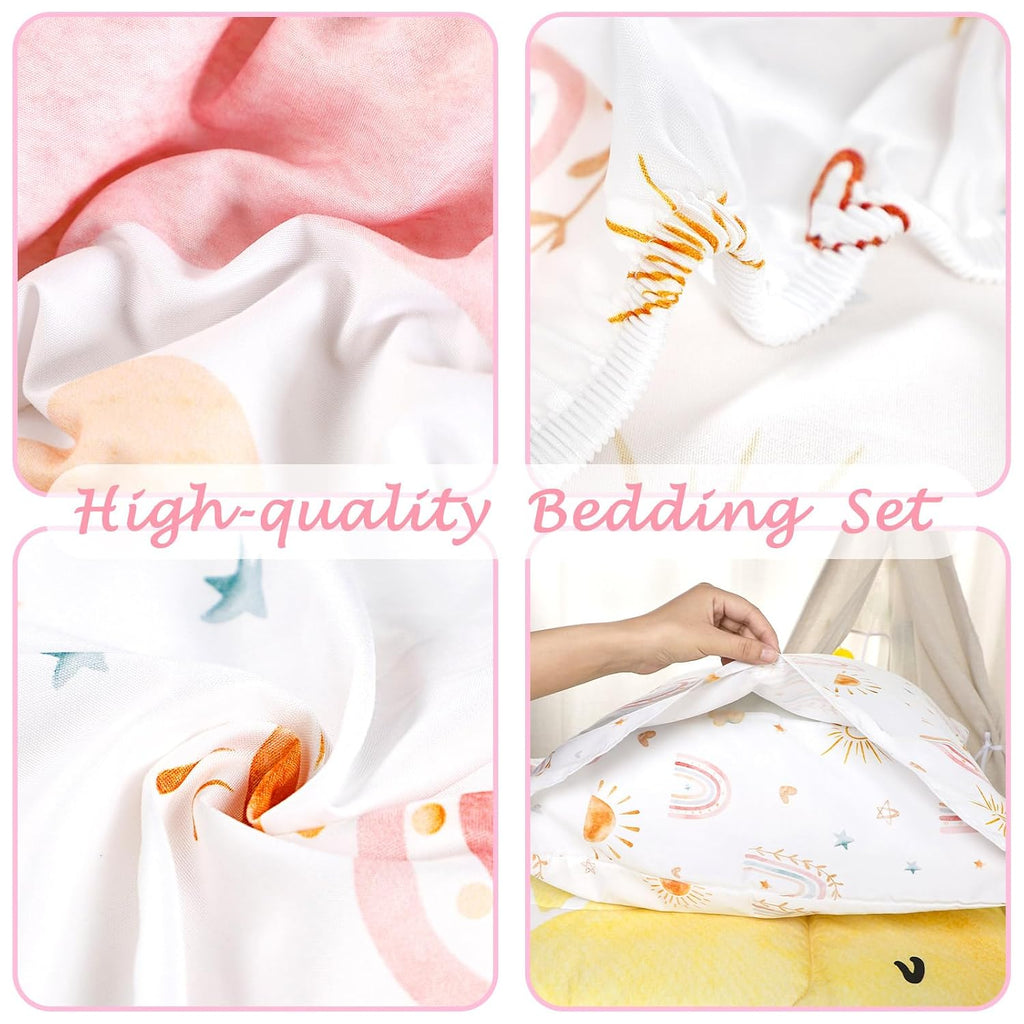 Toddler Bedding Set for Girls 4 Piece Pink Rainbow Toddler Girl Bedding Set Super Soft & Lightweight Toddler Comforter Set Includes Comforter, Flat Sheet, Fitted Sheet, Pillowcase