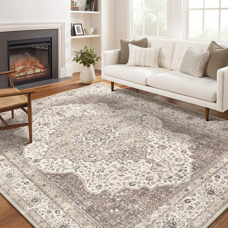 Vintage 9x12 Washable Area Rugs for Living Room, Non Slip, Brown