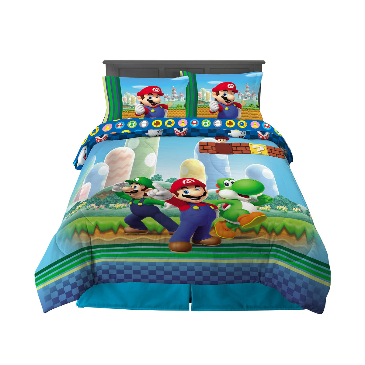 Super Mario Kids Twin Size Bedding, 4 Piece Super Soft Cozy Reversible Comforter and Sheet Set, (Officially Licensed Product) By Franco