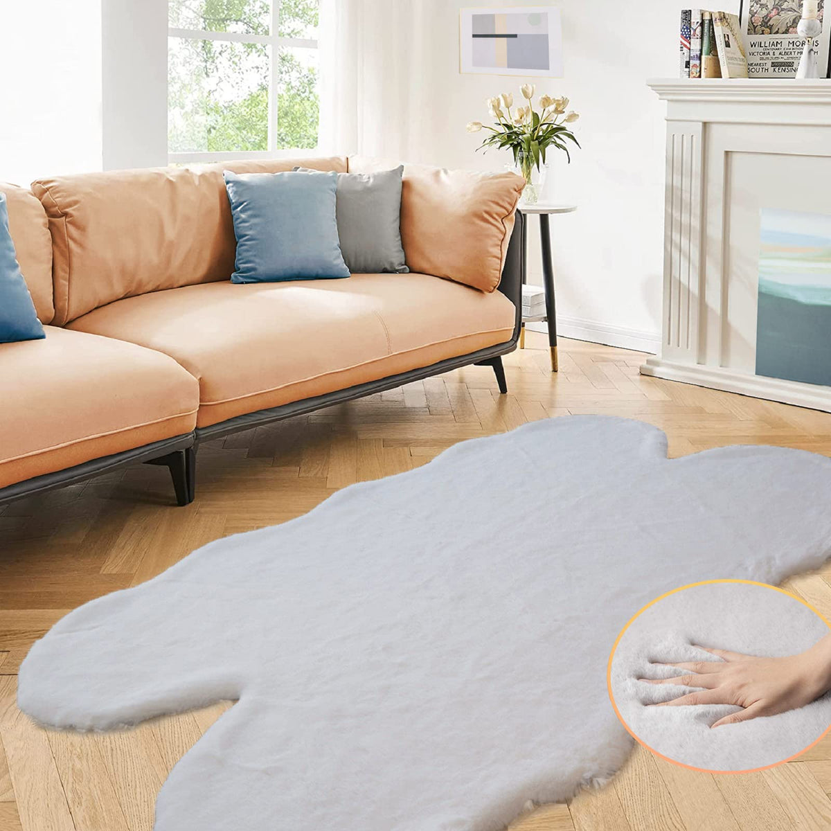ORINOVA Beige Faux Sheepskin Rabbit Fur Shaggy Rugs for Bedroom Small Shag Washable Fluffy Fur Rug for Living Room Rug 2x3 Nursery Rectange Rugs