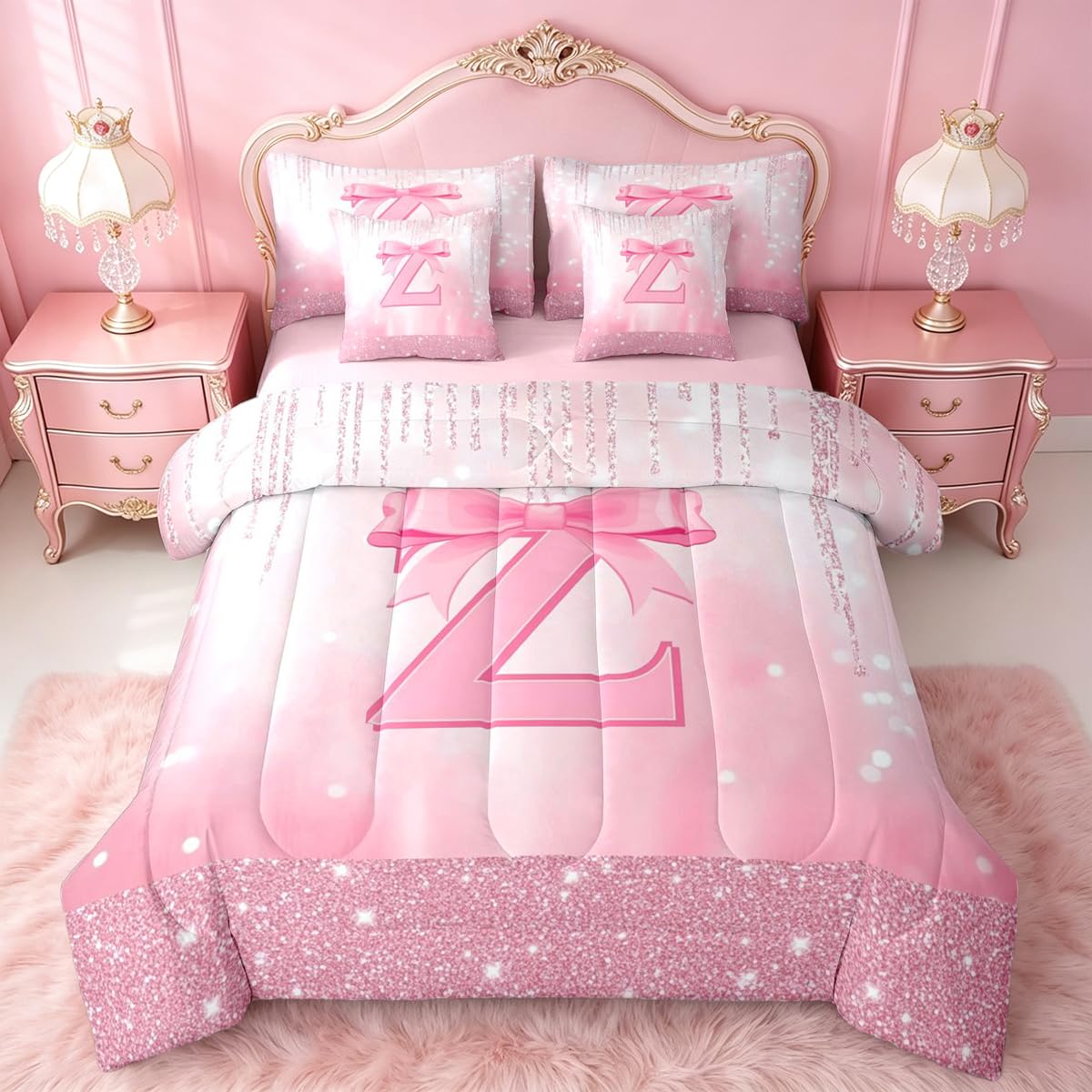 Feelyou Kids Pink Bowknot Bed in A Bag Twin Size, Personalized Initial A Comforter Set with Sheets Princess Glitter 7 Pieces Bedding Set Boys Girls Bow Alphabet Teens Bed Set Bedroom Decor 7Pcs