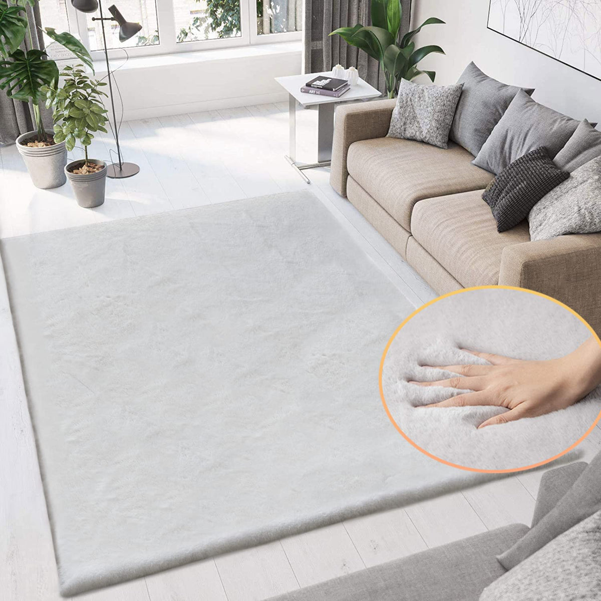 ORINOVA Beige Faux Sheepskin Rabbit Fur Shaggy Rugs for Bedroom Small Shag Washable Fluffy Fur Rug for Living Room Rug 2x3 Nursery Rectange Rugs