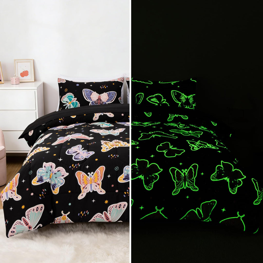 NTBED 5Pcs Glow in The Dark Kids Comforter Set Dinosaur Twin Bedding Set