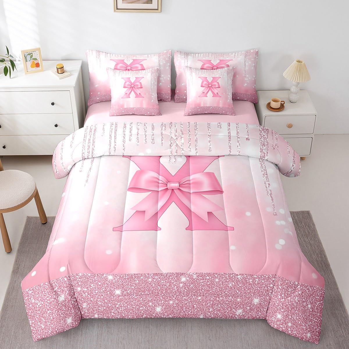 Feelyou Kids Pink Bowknot Bed in A Bag Twin Size, Personalized Initial A Comforter Set with Sheets Princess Glitter 7 Pieces Bedding Set Boys Girls Bow Alphabet Teens Bed Set Bedroom Decor 7Pcs