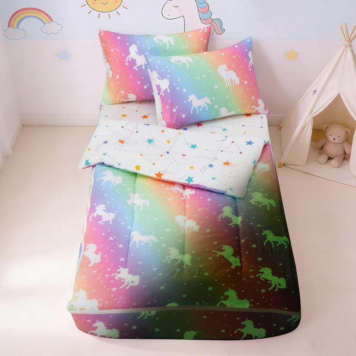 NTBED Unicorn Zipper Bedding Sets Twin for Kids Boys Lightweight Glow in Dark Comforter Set with Fitted Sheet Rainbow Pillow Covers