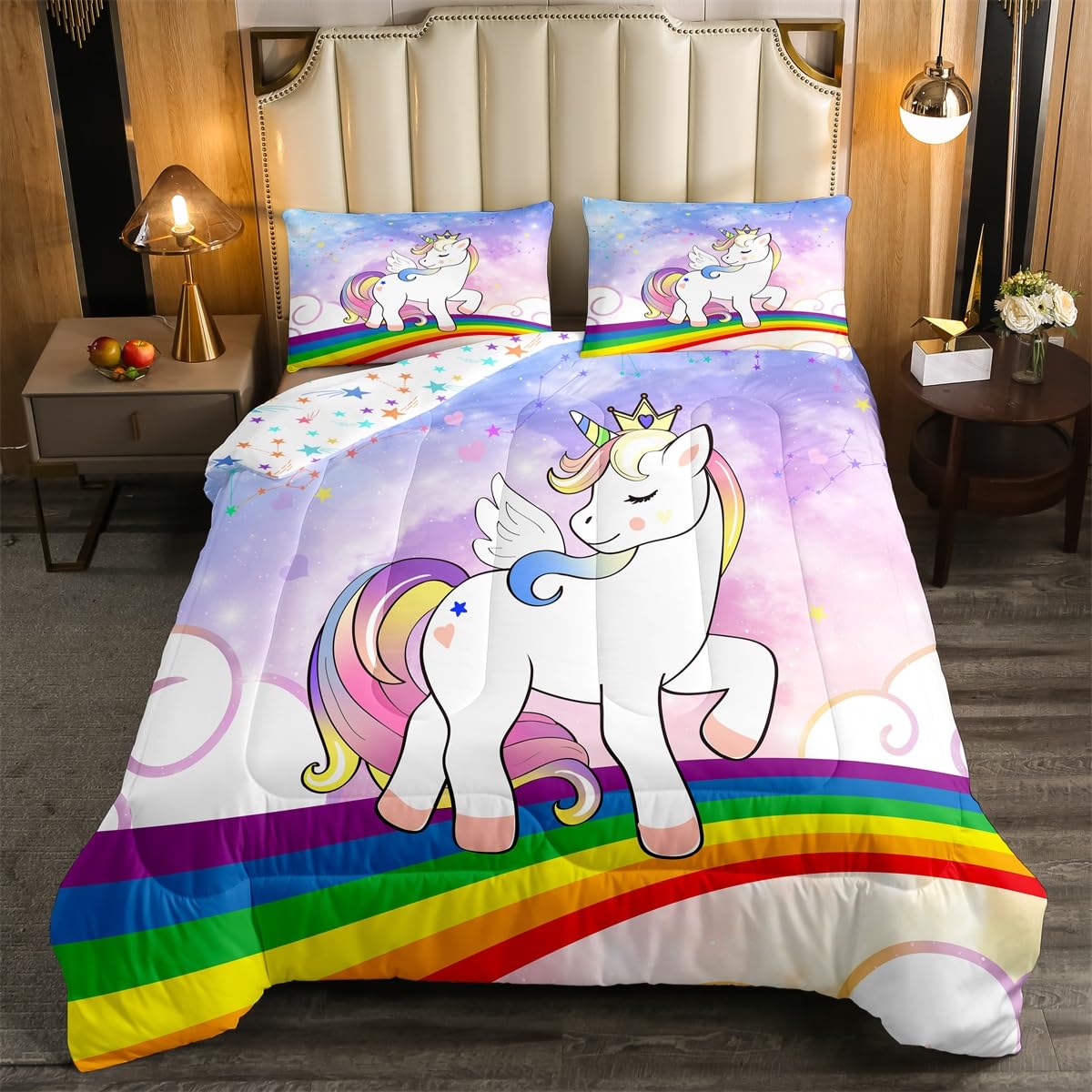 Feelyou Unicorn Girls Bedding Set Twin Rainbow Kids Pink Unicorn Comforter Set Kawaii Cute Reversible Stars Duvet Quilt Teens Children Adults Cartoon Unicorn Room Decor All Season