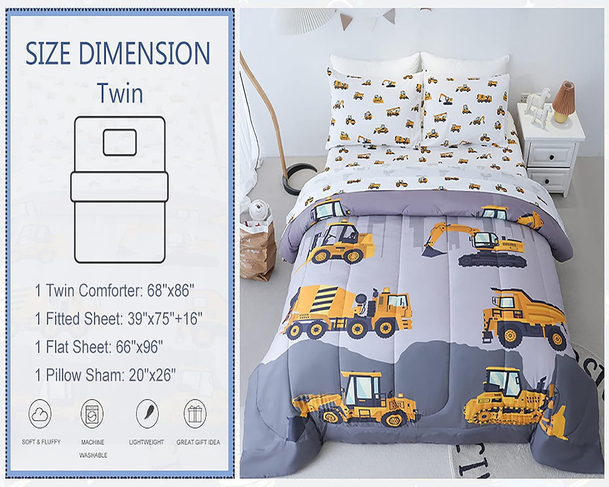 Cokouchyi Twin Size Comforter Set for Boys, 4-Piece Bed in a Bag, 3D Construction Bedding Comforter Sheet Set, Ultra Soft and Fluffy, Cartoon Truck Cars