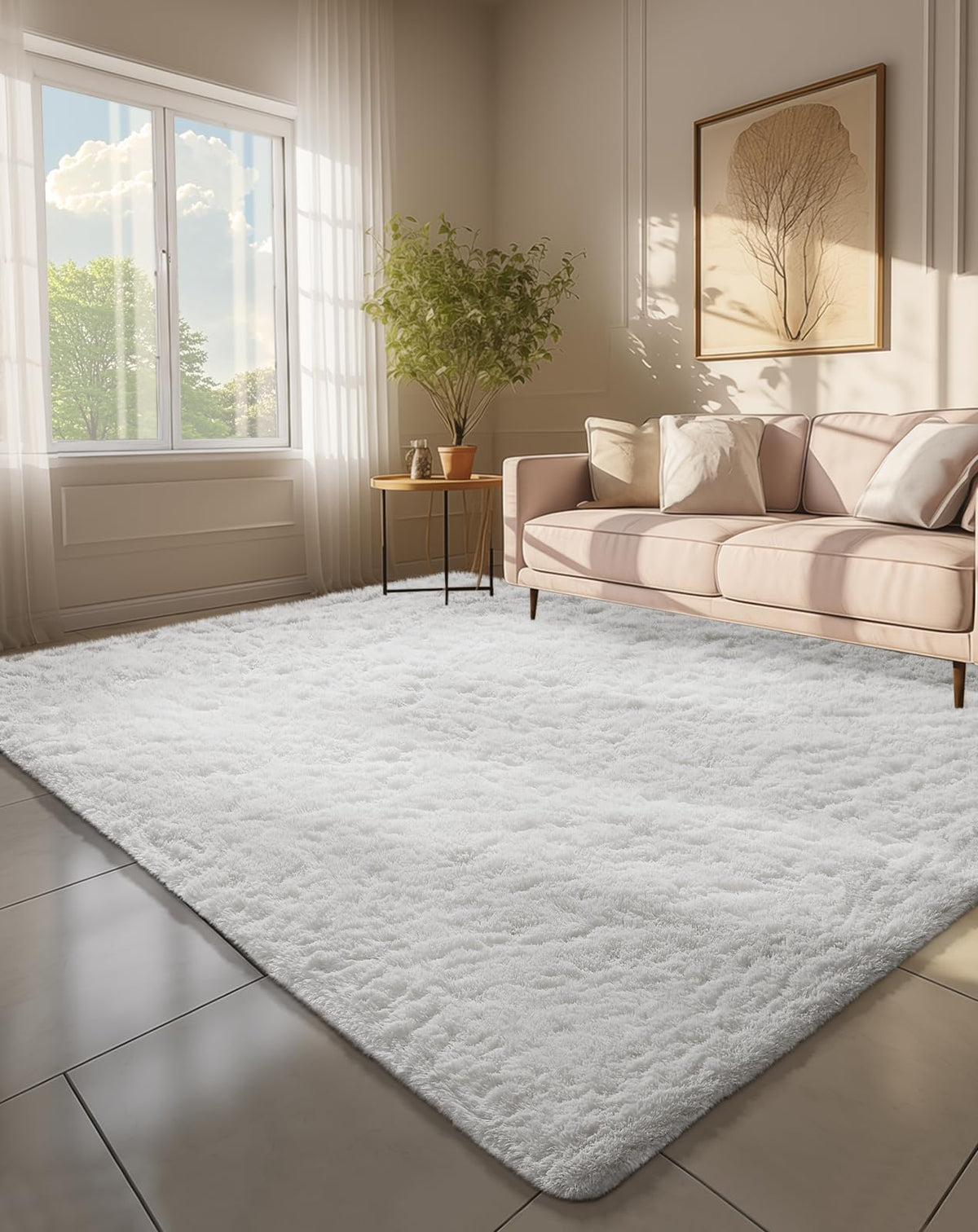 Ophanie Round Rugs 5Ft Ivory Circle Area Rug,Baby Nursery Living Room Bedroom Decor Circular Carpet 5 Foot,Fluffy Fuzzy Shag Plush Cream for Kids Boys Girls Teen with Over 99 pcs Pile fibers