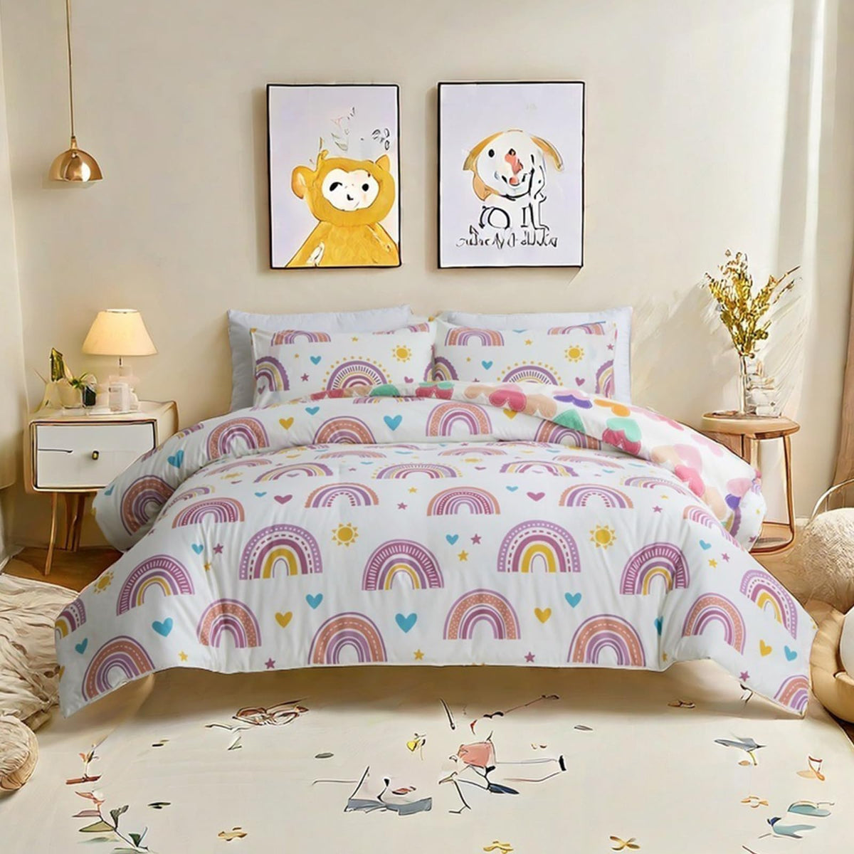Btargot Lightweight Soft 3 Piece Rainbow Comforter Set with 2 Pillow Covers, Cartoon Love Hearts Flowers and Grass Bedding Set for Girls Boys Kids, Full Multi-Color