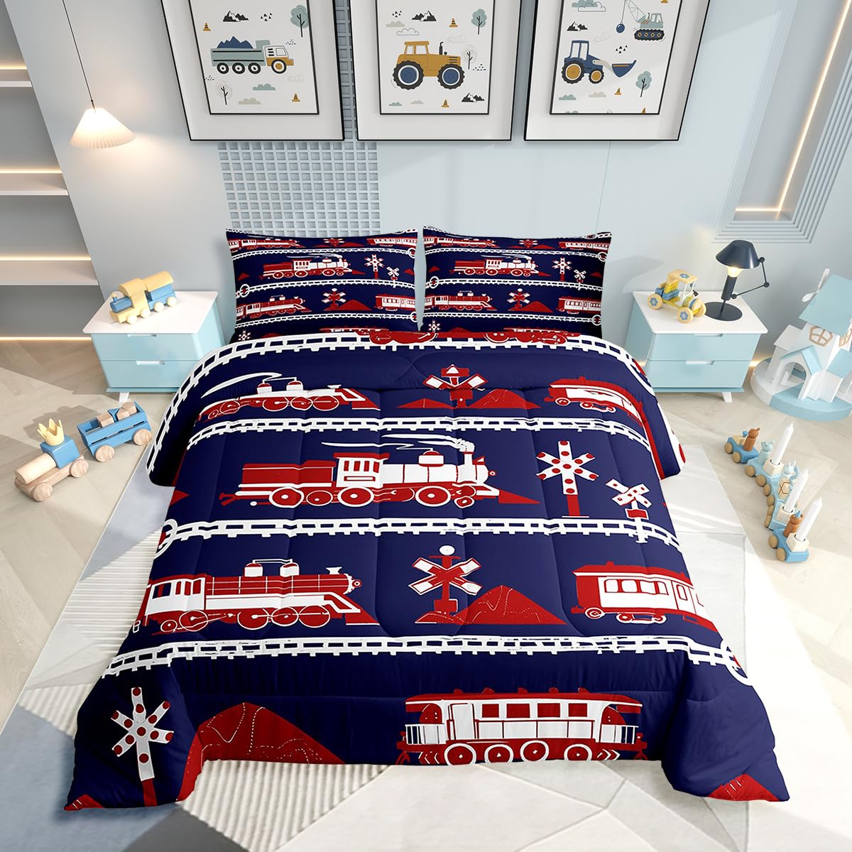 Erosebridal Cartoon Train Comforter Set Twin Kids Bedding for Boys Girls