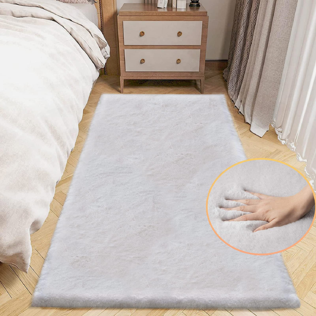 ORINOVA Beige Faux Sheepskin Rabbit Fur Shaggy Rugs for Bedroom Small Shag Washable Fluffy Fur Rug for Living Room Rug 2x3 Nursery Rectange Rugs