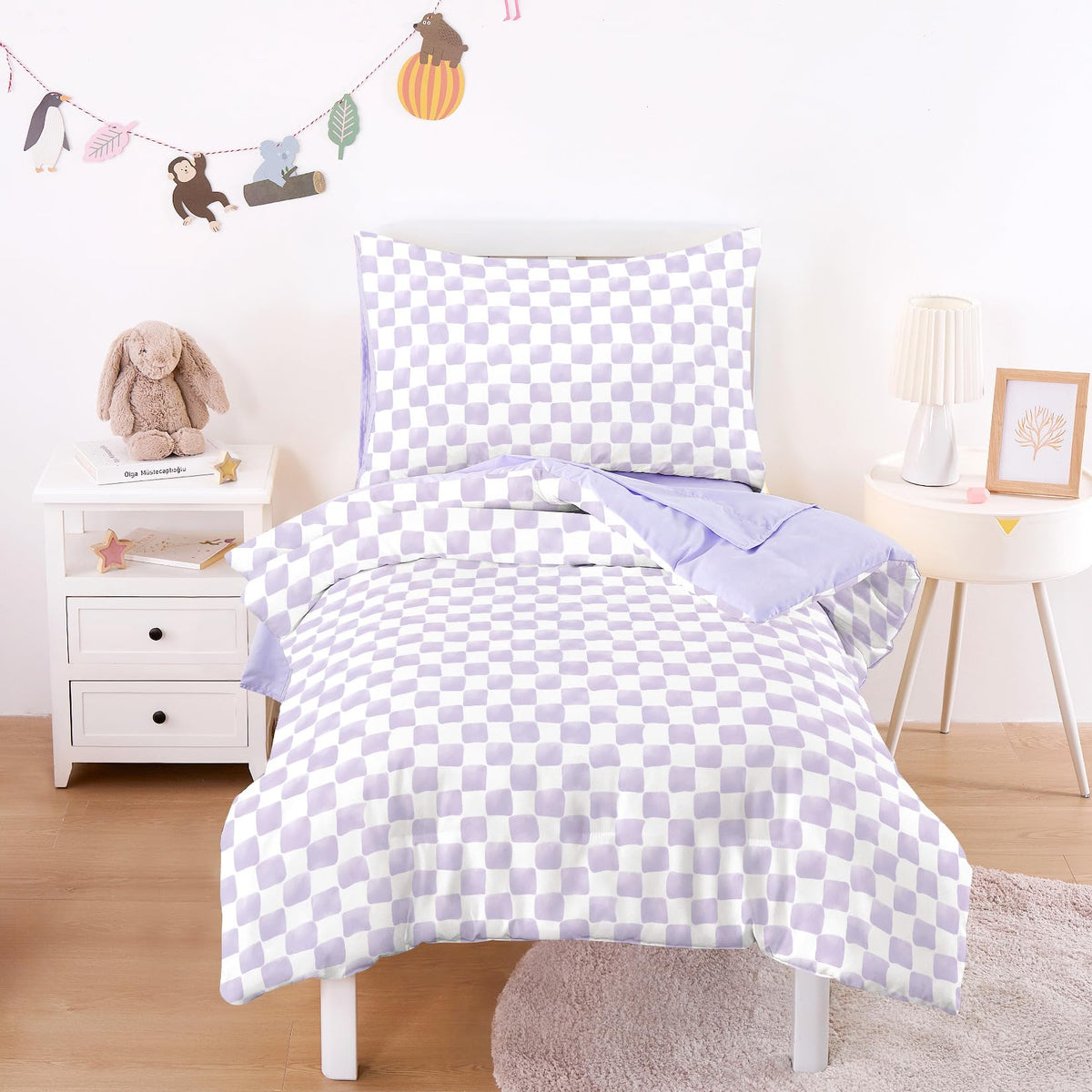 Wake In Cloud - Toddler Bedding Set for Boys Girls, Cute Gingham Grid Checkered, 4 Pieces Soft Crib Bed Set Including Comforter, Sheets and Pillowcase, Brown White