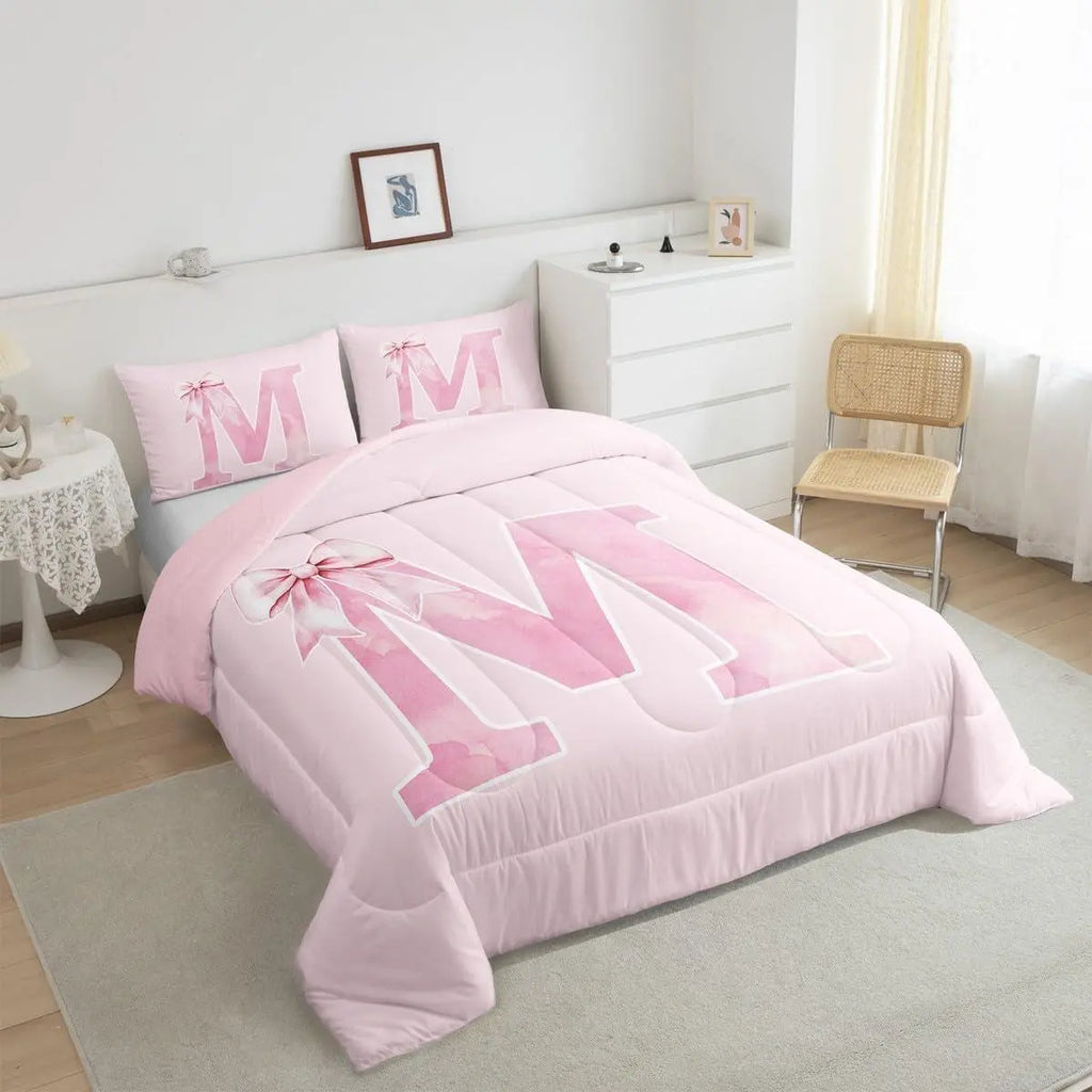 Feelyou Women's Initial M Blush Pink Bowknot Dorm Room Plush Bedding Set - Coquette Monogrammed Comforter Quilt, Preppy Bedroom Decor, Birthday Gift for Teen Girls