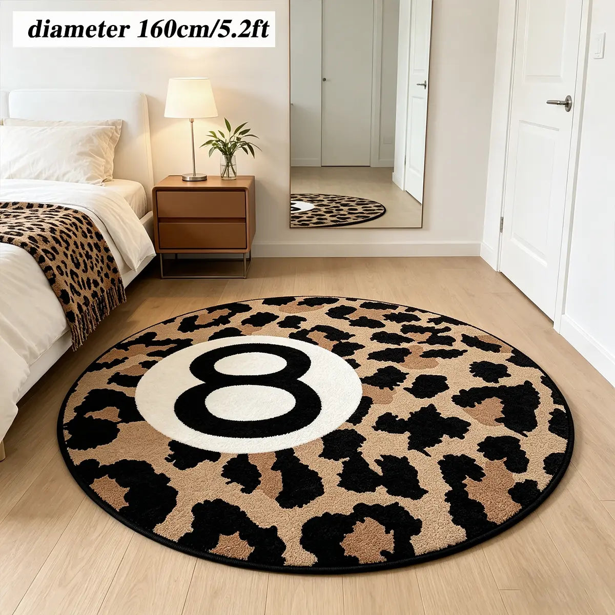 8 Ball Leopard Print Round Rug for Game Room, Man Cave, Dorm & Teen Bedroom, Soft Non-Slip Round Accent Rug, Anti Skid Rug, Perfect Retro Gift